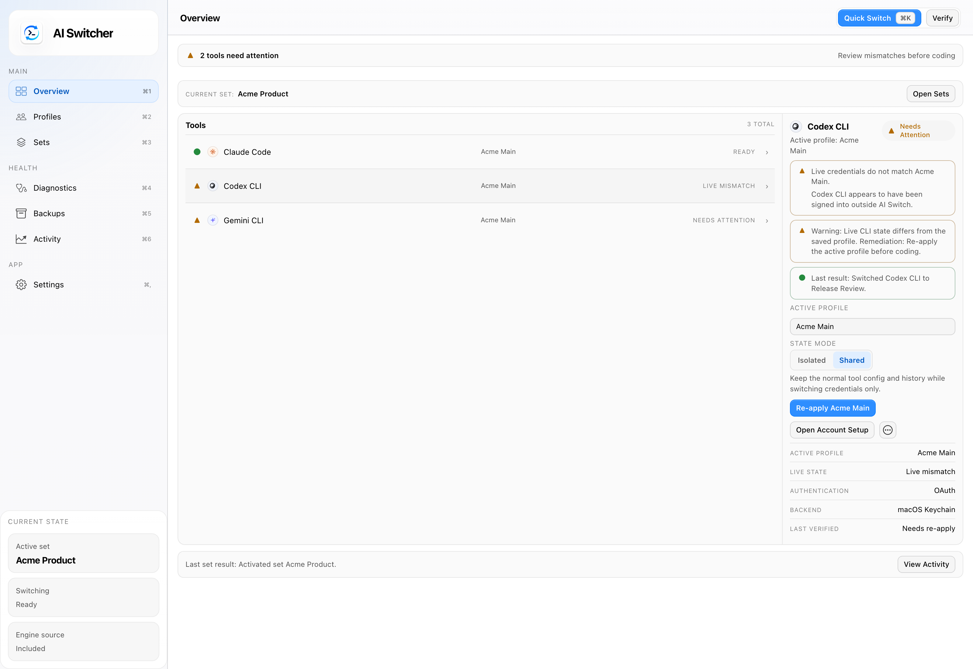 Desktop overview showing the active coding-agent profile, live-match status, and local credential details for a selected tool.