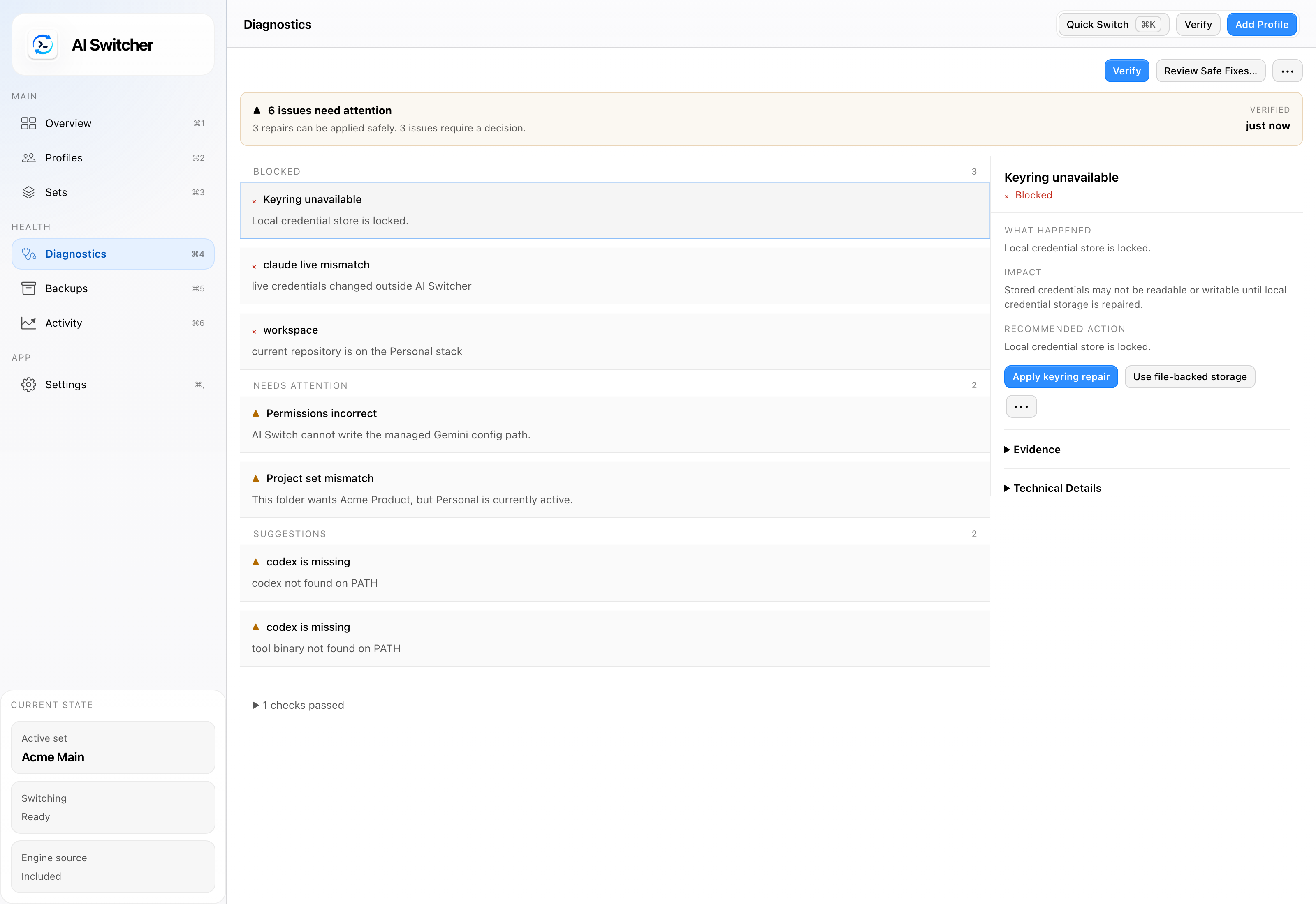 Diagnostics screen showing live mismatch, missing tool, keyring, permissions, and project-set issues with explicit repair actions.