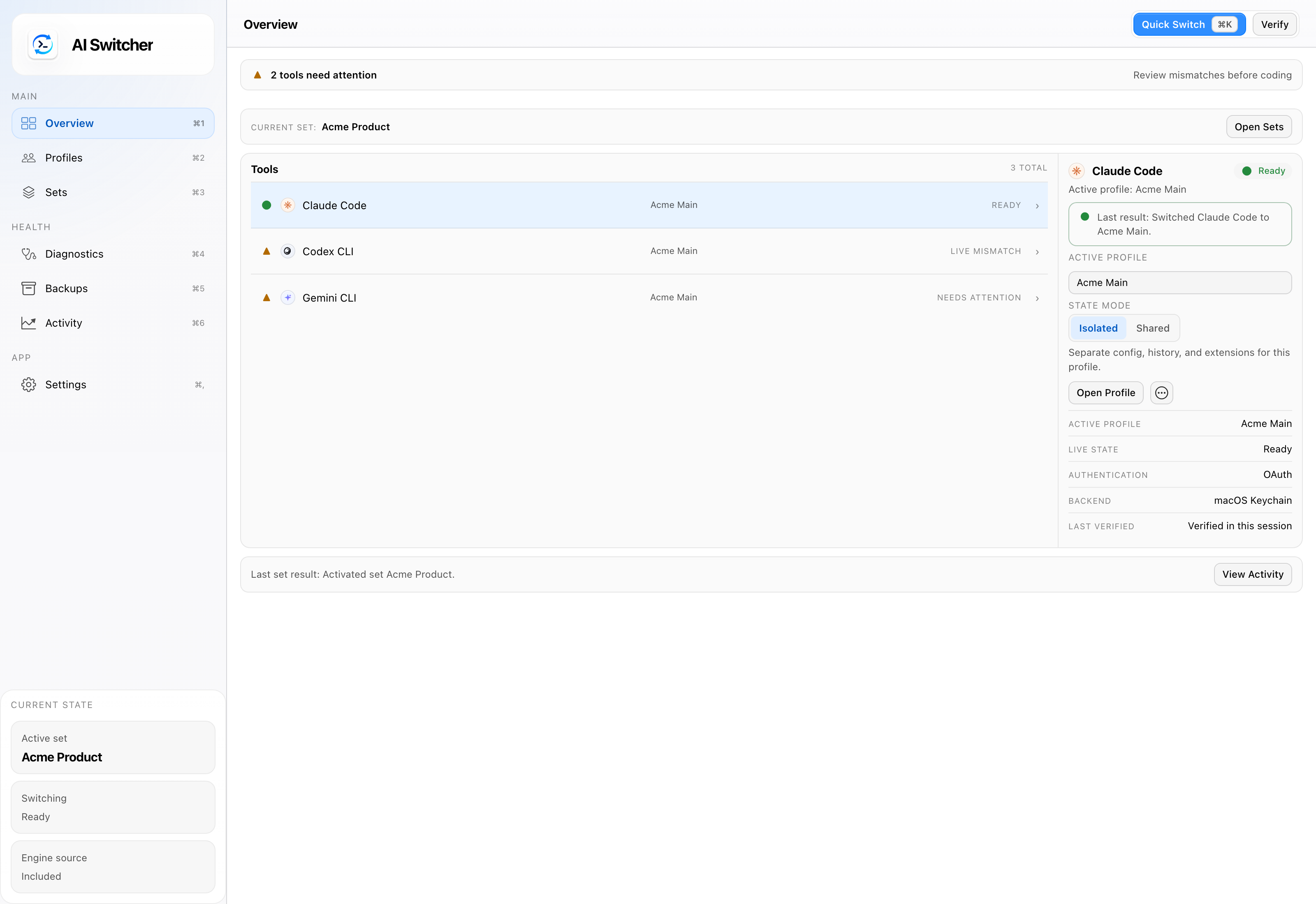 Preview of the AI Switcher Desktop overview screen showing the current set, Claude Code, Codex CLI, and Gemini CLI in one local control center.