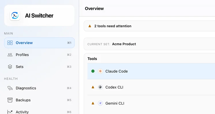 AI Switcher Desktop overview with the sidebar, a two-tools-need-attention banner, the current set and the tools list
