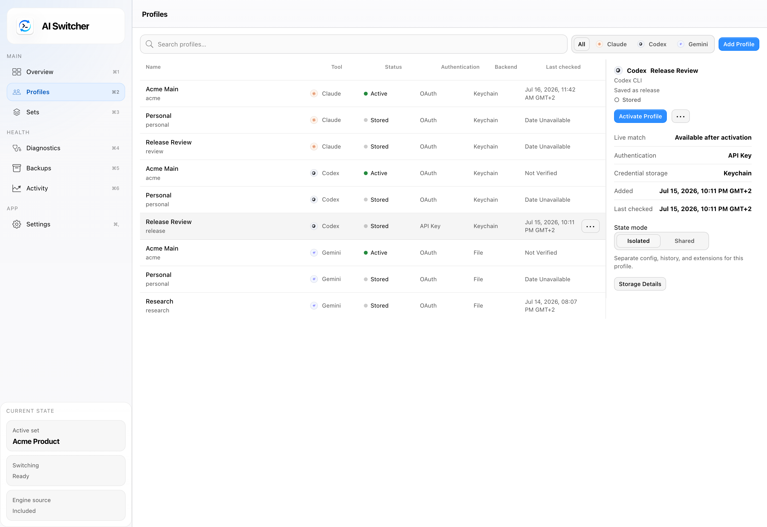Profiles screen listing Claude, Codex, and Gemini identities with authentication method, backend, and inspection details in one place.