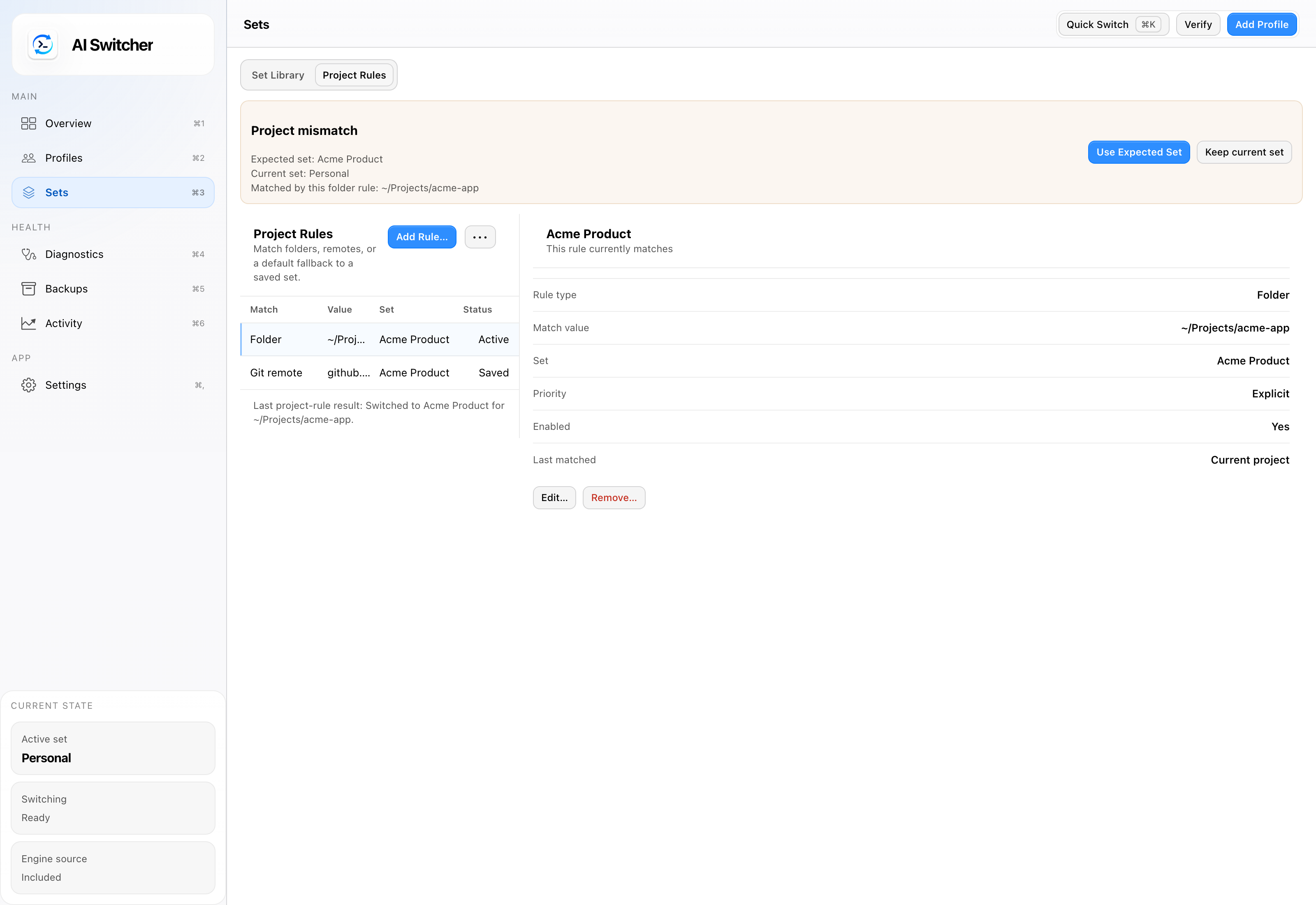 Workspace screen listing repositories bound to their expected context, each with a guard mode and current match status.