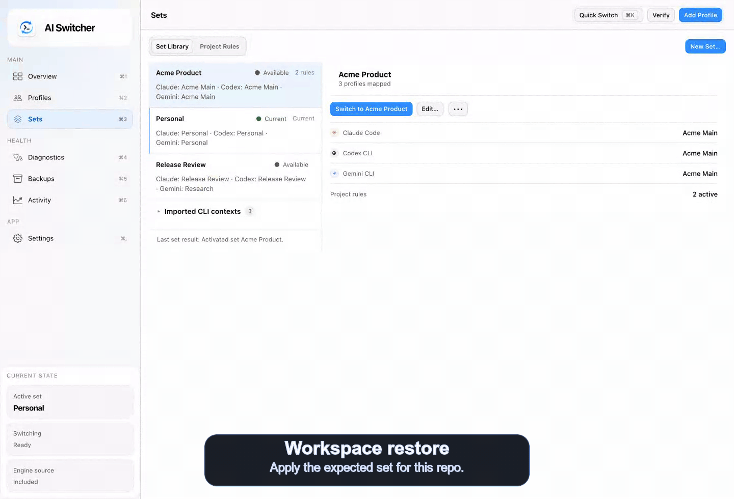Animated project-rule workflow showing AI Switcher detecting a repository mismatch and switching back to the expected saved set.