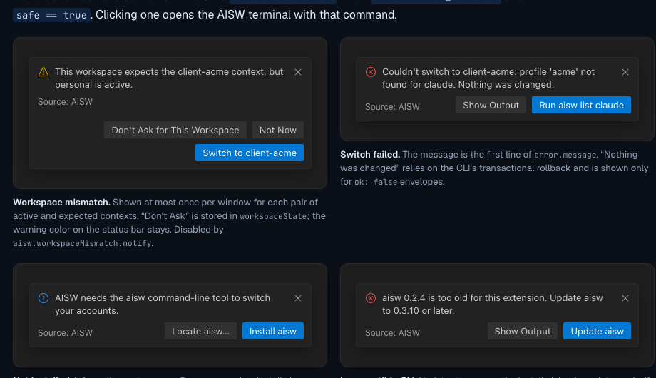AI Switcher notification showing verification and diagnostics in the editor