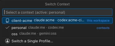 AI Switcher Quick Pick in VS Code listing saved contexts
