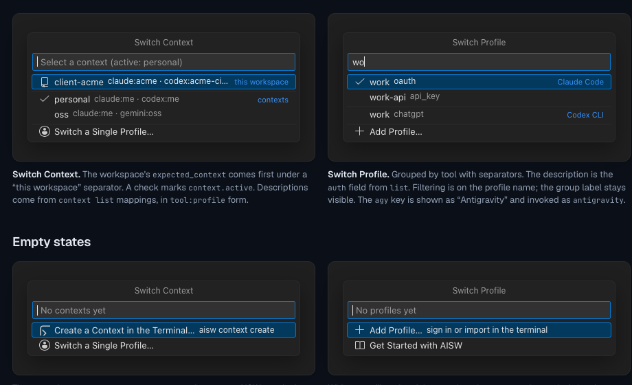 AI Switcher Quick Pick showing coding-agent contexts and profiles in the editor
